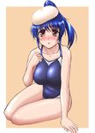  arm_support beret blue_hair blush competition_swimsuit hat long_hair mochizuki_kazuto one-piece_swimsuit original ponytail red_eyes solo swimsuit 