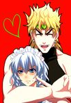  1girl blonde_hair crossover dio_brando fangs father_and_daughter heart height_difference hetero honchu izayoi_sakuya jojo_no_kimyou_na_bouken m.u.g.e.n maid power_connection red_background silver_hair stardust_crusaders touhou vampire 