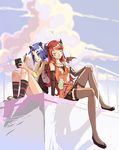  animal_ears blue_hair cloud handheld_game_console legs multiple_girls nintendo_ds original playing_games playstation_portable red_hair sitting thighhighs vofan wings zettai_ryouiki 