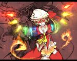  alternate_costume bad_id bad_pixiv_id blonde_hair burning evil evil_grin evil_smile fire flandre_scarlet glowing glowing_eyes grin hat highres kusakanmuri laevatein letterboxed red_eyes short_hair side_ponytail smile solo touhou x_arms zoom_layer 