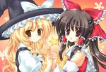  :d bad_id bad_pixiv_id blonde_hair bow braid brown_eyes brown_hair detached_sleeves fukase_ayaka grin hair_bow hair_tubes hakurei_reimu hat holding_hands kirisame_marisa long_hair looking_at_viewer multiple_girls open_mouth ribbon smile star touhou witch_hat 