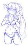  bikini blue blush copyright_request cowboy_shot cropped_legs flat_chest flower frills long_hair mel/a monochrome navel outline ribbon side_ponytail simple_background sketch solo swimsuit white_background 