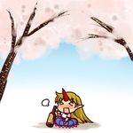  &gt;_&lt; alcohol blonde_hair blush bottle cherry_blossoms chibi closed_eyes drunk horn hoshiguma_yuugi pointy_ears socha solo touhou tree 