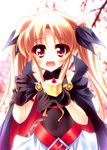  bad_id bad_pixiv_id belt blonde_hair blush cake cape fate_testarossa feeding food fork gloves hair_ribbon long_hair lyrical_nanoha mahou_shoujo_lyrical_nanoha pastry pov_feeding red_eyes ribbon smile solo teruui twintails very_long_hair 