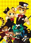  4girls animal_ears aqua_eyes argyle argyle_background blonde_hair chibi fang formal hair_ornament hair_ribbon hairclip hat hatsune_miku headphones headset kagamine_len kagamine_rin kaito megurine_luka meiko multiple_boys multiple_girls ribbon short_hair siblings smile suit tail tiger_ears tiger_tail top_hat twins vocaloid yellow_background yukkii 