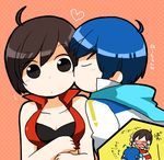  1girl blue_hair blush brown_hair chibi couple hetero kaito kano_(coyotehunt) kiss meiko translated vocaloid 