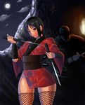  1girl black_eyes black_hair breasts covered_nipples fishnets japanese_clothes kimono knife kurenai_(red_ninja) large_breasts minami_aomori ninja original red_ninja reverse_grip short_kimono thighhighs weapon wet wide_hips 