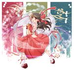  arima_natsubon bow brown_eyes brown_hair clog_sandals detached_sleeves gohei hair_bow hair_tubes hakama hakurei_reimu japanese_clothes looking_at_viewer midriff orange_eyes red_hakama ribbon solo tabi touhou wide_sleeves 