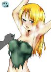  armpits arms_up blonde_hair breath celes_chere female final_fantasy final_fantasy_vi green_eyes leotard long_hair lowres mos1613 mosimoco torn_clothes 