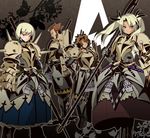  2girls armor armored_dress blue_eyes blush bob_cut brown_hair gauntlets halberd makita multiple_boys multiple_girls phalanx_(sekaiju) polearm sekaiju_no_meikyuu sekaiju_no_meikyuu_3 short_hair sideburns spear twintails weapon white_hair 