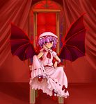  chin_rest curtains eruichi_(redphantom) feet_on_chair hat highres purple_hair red red_eyes remilia_scarlet short_hair sitting solo throne touhou wings 