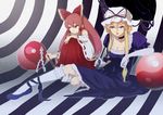  ameko blonde_hair blue_eyes breasts brown_hair choker cleavage detached_sleeves hakurei_reimu hat long_hair long_sleeves looking_at_viewer medium_breasts mob_cap multiple_girls orb ponytail ribbon-trimmed_sleeves ribbon_trim touhou very_long_hair yakumo_yukari yin_yang 