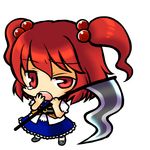  chibi hair_bobbles hair_ornament onozuka_komachi red_eyes red_hair scythe simple_background sleepy socha solo touhou uneven_eyes waking_up yawning 