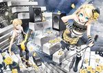  1girl aqua_eyes blonde_hair boots bracelet brother_and_sister cocoon_(loveririn) collar flower guitar hair_flower hair_ornament hairclip hat instrument jewelry kagamine_len kagamine_rin microphone microphone_stand mini_hat mini_top_hat navel necklace petals rose short_hair siblings skirt smile speaker stairs striped striped_legwear stuffed_animal stuffed_toy teddy_bear thighhighs top_hat twins vintage_microphone vocaloid yellow_flower yellow_rose 