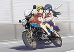  baseball_bat baseball_helmet black_hair blue_eyes brown_eyes glasses ground_vehicle hand_on_headwear hardhat helmet kawasaki konori_mii legs long_hair motion_blur motor_vehicle motorcycle multiple_girls multiple_riders navel one_eye_closed product_placement riding sakugawa_school_uniform saten_ruiko school_uniform serafuku shoei short_hair skirt to_aru_kagaku_no_railgun to_aru_majutsu_no_index ugai_yuichi uiharu_kazari 