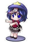  black_skirt blue_eyes blue_hair chibi faux_figurine hat jiangshi layered_skirt medium_skirt miyako_yoshika ofuda outstretched_arms shinjitsu short_hair skirt smile solo star touhou zombie_pose 