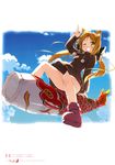  1girl ;d absurdres animal_ears arm_support arm_up bangs blonde_hair blue_sky blush boots bow brown_hair character_request cloud dress dutch_angle fish flat_chest floating_hair flying foreshortening fox_ears from_below fur_trim grin hair_bow highres kantoku keenedual_na_hermesion kite legs long_hair looking_at_viewer midriff official_art one_eye_closed open_mouth outdoors panties parted_bangs reclining riding scan shinkyoku_soukai_polyphonica shinkyoku_soukai_polyphonica_aphonic_songbird short_dress sitting sky smile solo spread_legs straddle straddling twintails underwear waving white_panties wind_lift wink yellow_eyes 