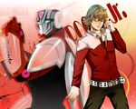  aqua_eyes bad_id bad_pixiv_id barnaby_brooks_jr belt blonde_hair blue_eyes dual_persona glasses jacket jewelry male_focus multiple_boys necklace neon_trim power_armor power_suit product_placement red_jacket sakichi studded_belt superhero tiger_&amp;_bunny 