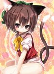  animal_ears bad_id bad_pixiv_id brown_eyes brown_hair cat_ears cat_tail chen emia_(castilla) hat jewelry multiple_tails no_pants panties short_hair single_earring solo tail touhou underwear 