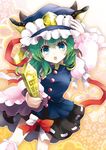  :o blue_eyes bow dress frills gathers green_hair hand_on_headwear hat long_hair looking_at_viewer ribbon rod_of_remorse shiki_eiki solo tareme touhou yamadori_ofuu 