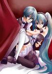  1girl aqua_eyes aqua_hair cat0178 couple genderswap genderswap_(ftm) gloves hatsune_miku hatsune_mikuo headdress hetero highres long_hair thighhighs twintails very_long_hair vocaloid 