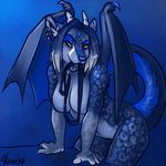  blue blue_theme breasts feline female horn kayeer leash leopard looking_at_viewer mammal nakomis nude piercing seductive snow_leopard solo vera wings 