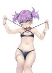  bikini blush bracelet earrings flat_chest formalin green_eyes highres jewelry nail_polish navel necklace open_mouth original pointy_ears purple_hair ring simple_background solo swimsuit tongue twintails 