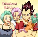  2girls :d aqua_eyes black_eyes black_hair blue_eyes blue_hair bow bra_(dragon_ball) bulma cheek_pinching chiroru_shimai collarbone dragon_ball dragon_ball_z hair_bow hand_on_shoulder laughing multiple_boys multiple_girls open_mouth pinching short_hair siblings smile teeth trunks_(dragon_ball) vegeta younger 