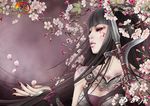  absurdres bangs black_hair blunt_bangs bug butterfly flower highres insect jian_xia_qing_yuan jian_xia_qing_yuan_online_3 lip_piercing lips long_hair nail_polish official_art piercing polearm solo spear tattoo tree weapon zhang_xiaobai 