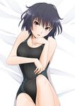  amagami bare_shoulders bed_sheet black_hair blush breasts competition_swimsuit kishida-shiki looking_at_viewer lying medium_breasts nanasaki_ai on_back one-piece_swimsuit open_mouth pink_eyes short_hair solo swimsuit 