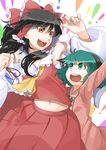  :d \o/ animal_ears arm_up arms_up ascot bare_shoulders black_hair bow brown_eyes detached_sleeves dress eye_contact green_eyes green_hair hair_bow hair_tubes hakurei_reimu hands kasodani_kyouko long_hair looking_at_another medium_skirt midriff multiple_girls navel open_mouth outstretched_arms red_skirt short_hair skirt skirt_set smile touhou yuuki_maya 