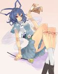  blue_dress blue_eyes blue_hair dress flower fuzuki_maccha_(mattya) hair_rings kaku_seiga ofuda shawl short_dress short_hair short_sleeves smile solo touhou 