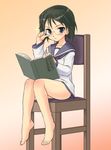  :&lt; adjusting_eyewear bare_legs barefoot bespectacled black_hair blue_eyes book brave_witches chair feet full_body glasses gradient gradient_background holding holding_book kanno_naoe mirutsu_(milts) no_pants reading school_uniform serafuku short_hair sitting solo sparkle translated world_witches_series 