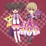  anise_tatlin bad_id bad_pixiv_id black_hair blonde_hair boots brown_eyes brown_hair dress elize_lutus heart holding_hands inamura_(yanahiyabao) long_hair multiple_girls open_mouth purple_footwear tales_of_(series) tales_of_the_abyss tales_of_xillia teepo_(tales) thighhighs tokunaga twintails 