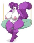  big_breasts breasts chubby comfycushion female hair looking_at_viewer mammal nipples nude one_eye_closed pillow purple_hair raccoon shina_(daigo) sitting solo 