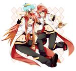  :o belt chirugekiai coat creature dual_persona fingerless_gloves full_body gloves gradient_hair green_eyes long_hair luke_fon_fabre male_focus midriff mieu multicolored_hair multiple_boys open_mouth orange_hair pants red_hair shoes smile sword tales_of_(series) tales_of_the_abyss weapon 
