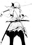  dual_wielding facing_away from_behind greyscale highres holding konpaku_youmu miniskirt monochrome onigunsou over_shoulder pleated_skirt scabbard sheath short_hair simple_background skirt solo sword sword_over_shoulder thighhighs touhou vest weapon weapon_over_shoulder white_background wind zettai_ryouiki 