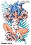  :d alternate_color animal_ears animal_print bare_legs blue_eyes blue_hair blush cat_ears cat_tail cham_cham character_name choker fang full_body gloves hair_intakes happy kure_(beniya) long_hair open_mouth paw_gloves paw_shoes paws player_2 samurai_spirits shoes sitting smile snk solo spiked_hair spread_legs tail tiger_print 