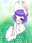  blush bulge clothed clothing crossdressing cute eyewear fur girly glasses grass hair kneeling lagomorph long_ears looking_at_viewer looking_up male mammal nipples outside panties peritian pink_nose purple_eyes purple_hair rabbit short_hair skimpy smile solo swayzie thighs topless underwear white white_fur 