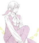  adapted_costume animal animal_on_shoulder axis_powers_hetalia bad_id bad_pixiv_id bird bird_on_shoulder bow bowtie iceland_(hetalia) long_sleeves looking_at_viewer male_focus monochrome pants pet purple simple_background sitting snake_mike solo v_arms vest white_background white_skin 
