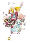  1girl 4_(nakajima4423) aqua_eyes back-to-back bad_id bad_pixiv_id bandaid blonde_hair brother_and_sister bubble_blowing candy chewing_gum cup food fork gumball hair_ornament hair_ribbon hairclip jewelry kagamine_len kagamine_rin leggings map necklace open_mouth paper_airplane ribbon short_hair shorts shovel siblings sitting toothbrush twins vocaloid 