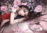  absurdres bare_shoulders black_hair brown_eyes choker earrings eyes face fan flower folding_fan hair_ornament highres jewelry jian_xia_qing_yuan jian_xia_qing_yuan_online_3 leaf lips long_hair lying official_art on_floor on_side petals realistic skull sleeveless solo tattoo zhang_xiaobai 