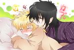  1girl alucard_(hellsing) biting black_hair blonde_hair blush braid closed_eyes couple cuddling ear_biting heart hellsing hetero kurobe_sclock pillow pillow_bite pillow_grab red_eyes seras_victoria short_hair sweater vampire 