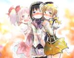  akemi_homura black_hair blonde_hair girl_sandwich highres hug kaname_madoka mahou_shoujo_madoka_magica multiple_girls muro pantyhose pink_eyes pink_hair purple_eyes sandwiched tomoe_mami transparent v yellow_eyes 