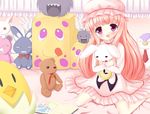  crossover hakamada_hinata hat hug kyubey long_hair mahou_shoujo_madoka_magica nightgown pink_eyes pink_hair rou-kyuu-bu! sitting stuffed_animal stuffed_toy tamago_kago teddy_bear very_long_hair 