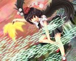  bad_id bad_pixiv_id black_hair fan hat highres looking_up monme_(miasakuya) open_mouth red_eyes shameimaru_aya solo tokin_hat touhou wind wings 