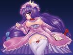  bloomers bloomers_pull blush book bow breasts colorized crescent frills fuzuki_kazuya groin hair_bow hat large_breasts long_hair lying nipples on_back open_mouth osatsu patchouli_knowledge purple_eyes purple_hair pussy solo touhou uncensored underwear very_long_hair 