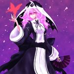  alternate_costume bellk black_dress bug butterfly dress fan folding_fan ghost hat highres insect koumajou_densetsu koumajou_densetsu_2 long_hair nun petals pink_eyes pink_hair saigyouji_yuyuko smile solo touhou triangular_headpiece upper_body 