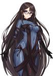  1girl bangs black-framed_eyewear black_dress black_gloves blue_dress blush breasts brown_hair closed_mouth consort_yu_(fate) dress ear_piercing elbow_gloves eyebrows_visible_through_hair fate/grand_order fate_(series) glasses gloves grey_eyes hair_between_eyes head_tilt long_hair looking_at_viewer medium_breasts piercing qin ribbon-trimmed_dress ribbon_trim simple_background solo strapless strapless_dress striped v-shaped_eyebrows vertical-striped_dress vertical_stripes very_long_hair white_background 