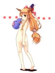  ass barefoot blush bow brown_eyes commentary_request flat_chest from_behind gourd hair_bow horns ibuki_suika long_hair looking_back minase_nagi nipples nude orange_hair petite solo touhou 
